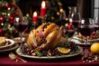 cena navideña con pollo y pavos, copas de cristal llenas de vino, velas y platos  