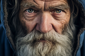 Wall Mural - Close up picture of face old wise man with white beard homeless grandfather generative ai