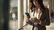 © NOOPIAN - Businesswoman writes a message on a smartphone and holds a coffee cup. Beautiful young woman uses mobile phone for work, calling customers, sending messages, with copy space.