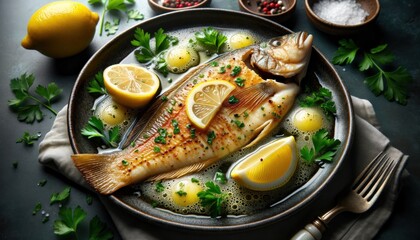 French Sole Meunière, with the fish delicately pan-fried in butter and served with a sprinkle of parsley and lemon wedges