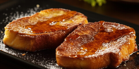 Wall Mural - Fried French toast with honey. Dark background. Generative AI.