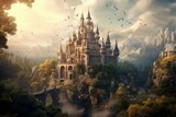 Mysterious Fairytale castle. Travel nature sky. Generate Ai