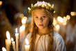 Christmas in Sweden with the traditional candlelight procession of Saint Lucy. The scene shows a girl dressed as Saint Lucia, wearing a white dress and candles on her head.  Saint Lucy's Day