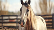 Beautiful horse in an open air paddock. Horses corral in the countryside, equestrian sport, active hobby. 