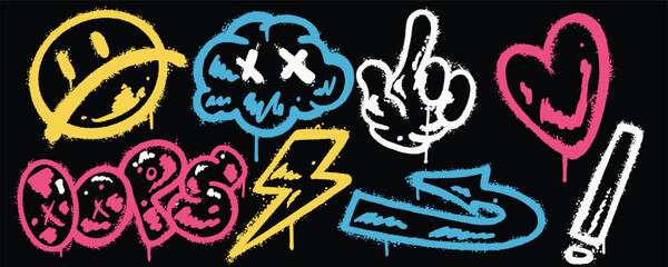 Wall Mural - Set graffiti color spray paint. Collection of sad emoticon, cloud, finger, love, oops, lightning, arrow, exclamation mark Isolated Vector