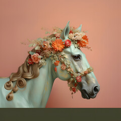 Wall Mural - Portrait profile of a white horse with flowers on head and mane. Pastel orange background