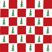 Seamless Vector Repeating Pattern With Hand Drawn Checkerboard In Red And White And A Little Christmas Tree Half Drop With A Star Tree Topper. Christmas Red Checkers With Green Holiday Trees.