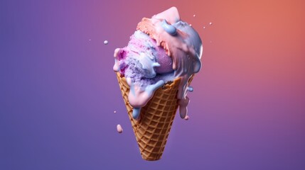 Wall Mural - Ice cream in a waffle cone on a purple background. Various of Ice Cream Flavor. Summer and Sweet Menu Concept.. Background with a copy space.