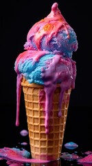 Wall Mural - Ice cream in waffle cone with pink and blue splashes on black background. Various of Ice Cream Flavor. Summer and Sweet Menu Concept.. Background with a copy space.