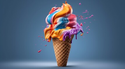 Wall Mural - Colorful ice cream in waffle cone on blue background. Various of Ice Cream Flavor. Summer and Sweet Menu Concept.. Background with a copy space.