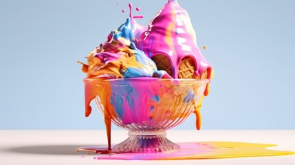 Wall Mural - Colorful splashes of paint in a bowl on a blue background. Various of Ice Cream Flavor. Summer and Sweet Menu Concept.. Background with a copy space.