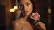 A lovely white girl holding a rose. An attractive brown girl holding a white flower. A close-up shot of the face of a young beautiful woman with healthy clean skin. A pretty woman wearing