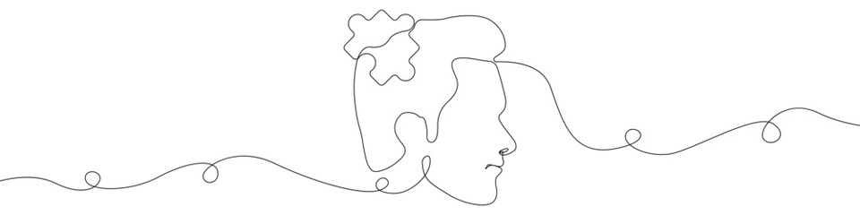 Wall Mural - A man's head with an idea icon line continuous drawing vector. One line Thoughts in the head icon vector background. Human head with a puzzle icon. Continuous outline of a head with an idea.
