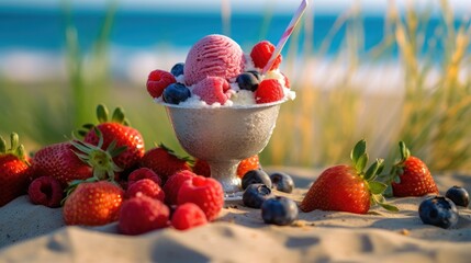 Wall Mural - Ice cream in a bowl with fresh berries on the sandy beach. Various of Ice Cream Flavor. Summer and Sweet Menu Concept.. Background with a copy space.