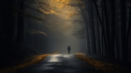 A man walks through a mysterious, dramatic and warmly colored scene on a misty, foggy road.