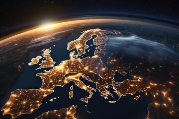 Wall Mural - sunrise on planet earth viewed from space with city light