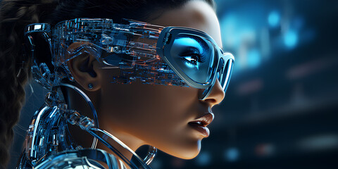 A beautiful female cyborg in a futuristic city.
