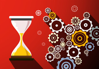 Sticker - Cogs with hourglass on dark red background - vector time concept