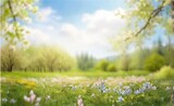 Fototapeta Natura - A Blurred Nature Scene with a Blossoming Glade, Lush Trees, and a Clear Blue Sky on a Sunny and Serene Day.