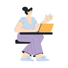 Sticker - Business with Young Woman Character Sitting at Laptop Vector Illustration