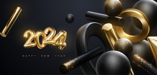 Sticker - Golden 2024 numbers with flowing black and gold geometric 3d shapes. Vector festive illustration. Happy New 2024 Year. Festive poster or banner design. Party invitation