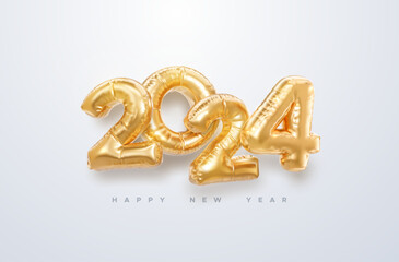 Poster - Happy New 2024 Year. Vector holiday illustration. 2024 golden foil balloons on white background. Gold helium balloon numbers. . Realistic 3d sign. Design element for festive poster or banner design