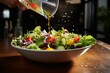 A salad being tossed with dressing, in a bowl on a table. Generative AI