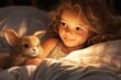 little girl laying bed bunny gorgeous bright brown eyes cute fine face evening peaceful animals smiling amazed sweetly breathtaking profile