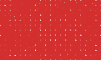 Poster - Seamless background pattern of evenly spaced white 5G symbols of different sizes and opacity. Vector illustration on red background with stars