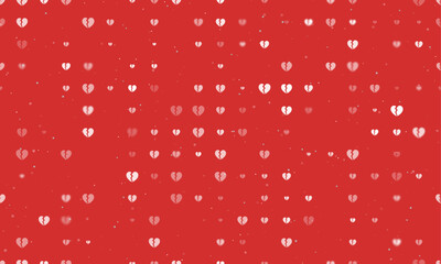 Poster - Seamless background pattern of evenly spaced white broken heart symbols of different sizes and opacity. Vector illustration on red background with stars
