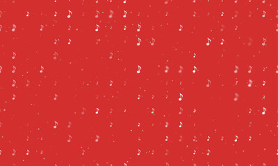 Poster - Seamless background pattern of evenly spaced white musical note symbols of different sizes and opacity. Vector illustration on red background with stars