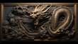 Sculptural panel of traditional Dragon religious symbol of Chinese New Year, Zodiac Sign. Black with gold plating Chinese dragon in gold frame on black background. Chinese new year celebration.