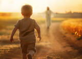 Fototapeta Natura - Little boy runs to Jesus