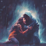 Fototapeta  - Jesus holds a woman in the storm