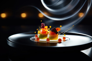 Wall Mural - Beautifully presented Michelin star restaurant dish on a plate, black background. Refined and elegant cuisine, fine dinning