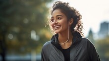 A Woman From South Asia Smiles While Taking A Break From Jogging