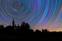 Concentric Star Trail Over A Bell Tower In The Italian Countryside, Emilia Romagna