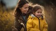 © Shabnam - A woman in a yellow raincoat in the high grass is looking away from the camera while a young girl in bright clothing is walking in the high grass outdoors in a beautiful fall scene