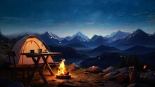 Beautiful Landscape Camping In The Mountains Background. Seamless Looping Time-lapse Virtual 4k Video Animation Background.