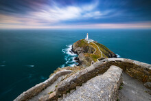 South Stack Lighthouse At Sunset, Anglesey, Holy Island, Wales, Great Britain