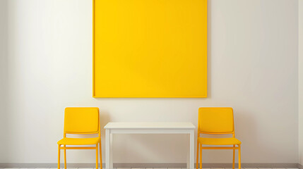 Wall Mural - A white table with two chairs and a picture frame on the wall above it with a yellow chair and a white table with two chairs