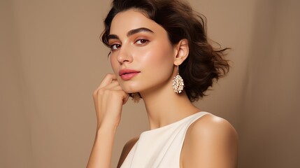 a young woman wearing stylish pearl jewelry on a beige background is beautiful