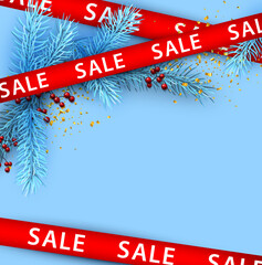 Wall Mural - Winter sale blue poster with red ribbons, fir branches and copy space.