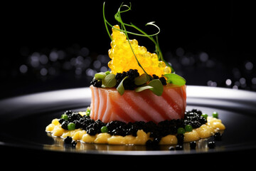 Wall Mural - Beautifully presented Michelin star restaurant dish on a plate, black background. Refined and elegant cuisine, fine dinning