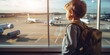 Closeup of a Young Man with Backpack, Gazing through the Airport Window, Capturing the Spirit of Adventure and Wanderlust in the Moments Leading Up to a Traveler's Journey