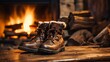 In front of a fireplace, winter boots are drying. Vintage folk boots are drying along side the fire in an authentic chalet. Hipster shoes are heating up next to the burning fire in a cabin.