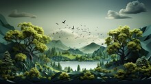 Greeny Fantasy Landscape With Beautiful Lake, Mountains, Many Trees And Birds