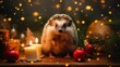 Festive Bristled Critter: Adorable Hedgehog Celebrates the Holidays as a Baby Animal on a Christmas Background with Cute Defense in the Front