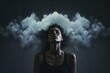 A woman stands against a dark background with her head in the clouds. Concept of Depression, insomnia, various problems