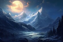 Snowy Peaks And White Trees Beneath The Radiant Moon. Generative AI